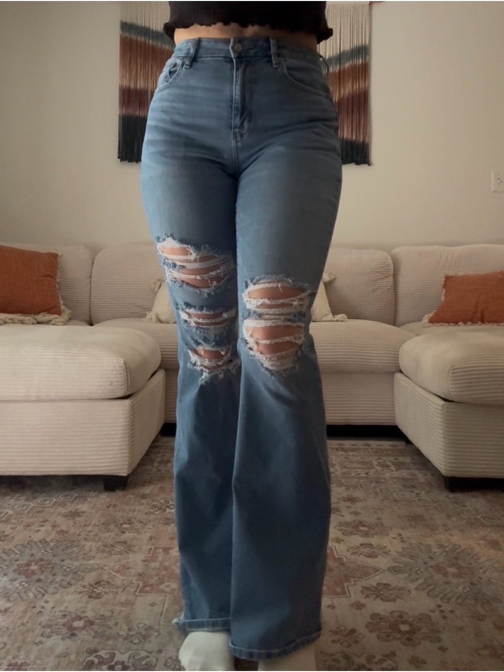 American Eagle Outfitters High-Rise Distressed Flare Jeans - Blue